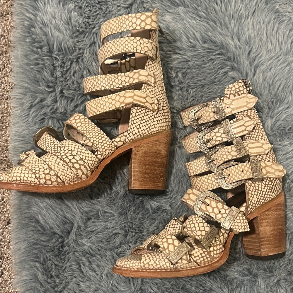 freebird Beige Snake-Print Strappy Block Heel Boots
